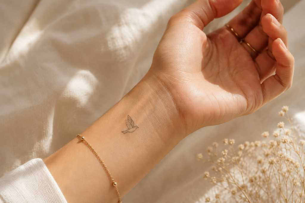 Small minimalist flying bird tattoo for women