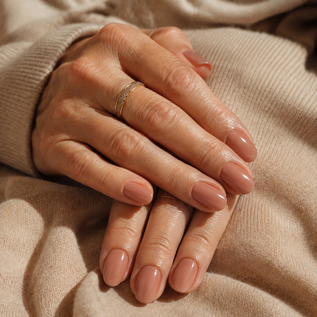 Short nude almond nails with a sophisticated glossy finish