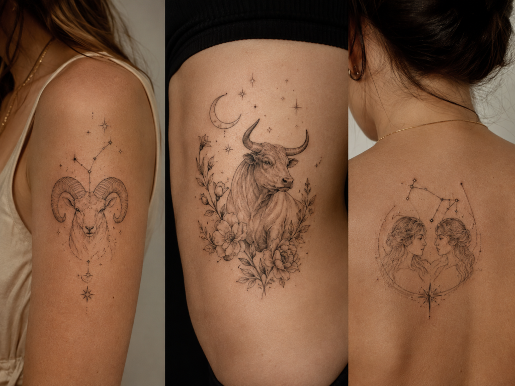 Aries Taurus and Gemini zodiac tattoo ideas with constellations and symbolic designs