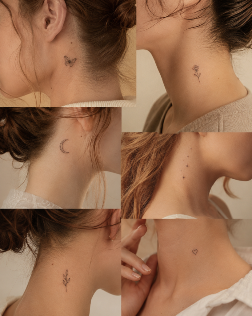 Small minimalist neck tattoo designs with flowers, butterflies and celestial symbols