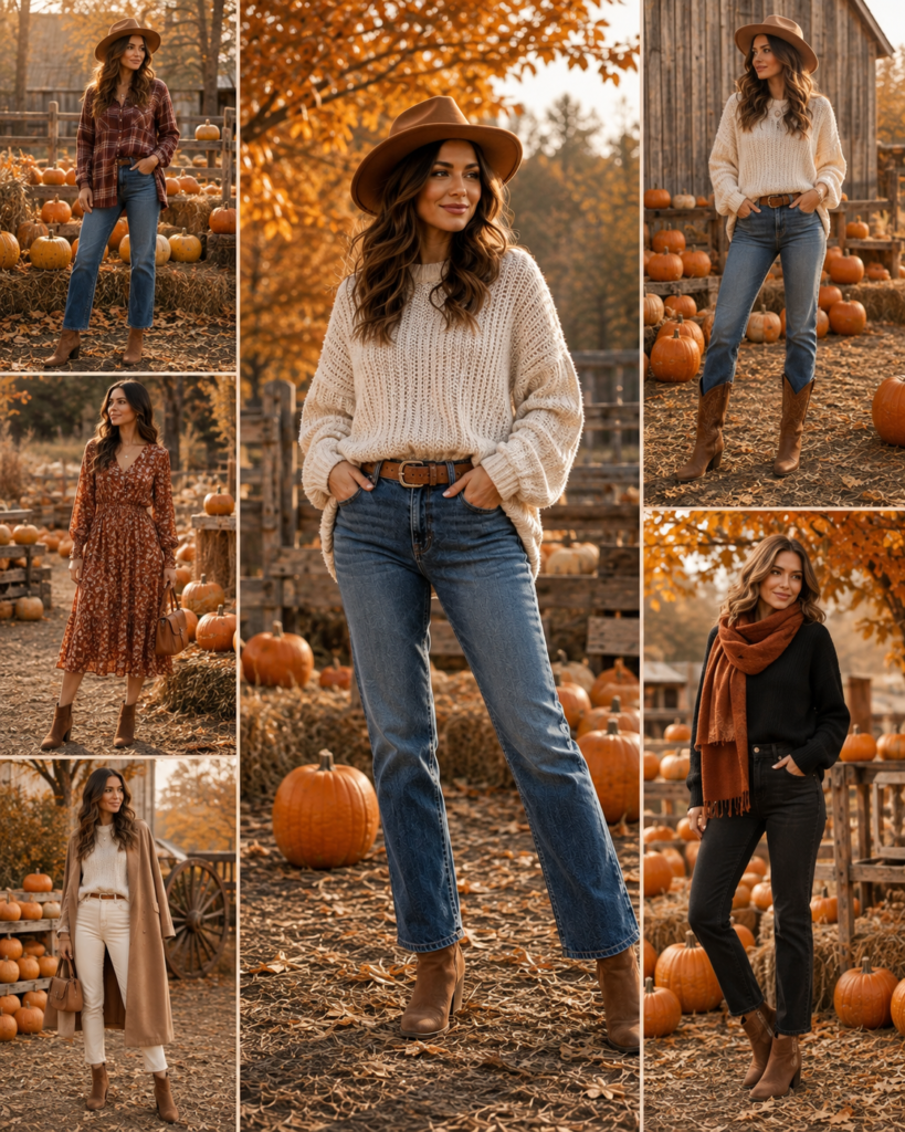 Collage of 25 pumpkin patch outfit ideas for fall