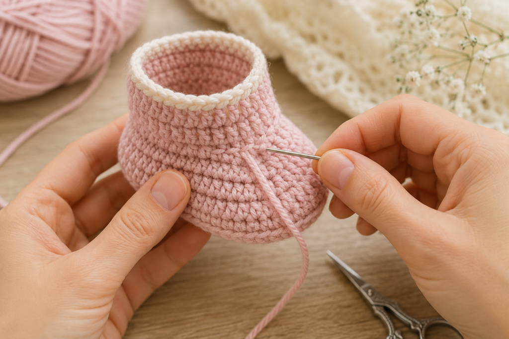 Hand finishing and weaving yarn ends on a crochet baby bootie