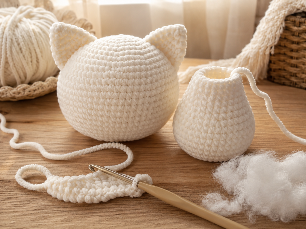 Crocheted head and body pieces for a soft kitty amigurumi