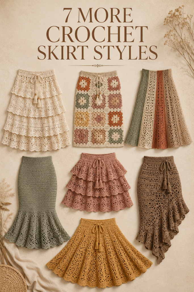 Crochet skirt inspiration featuring tiered, granny square, panelled, mermaid, ruffled, asymmetrical and circle silhouettes