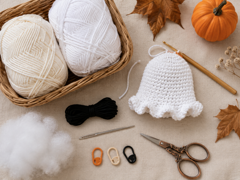 Crochet yarn, hook and supplies for making Halloween ghost patterns