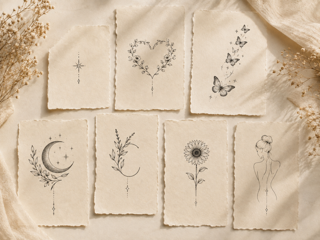 Meaningful feminine tattoo ideas featuring symbols, floral hearts, butterfly trails, moon designs, initials and custom line art