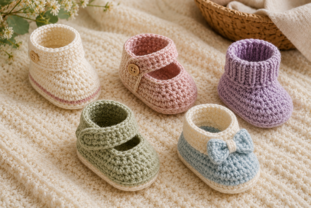 Five different crochet baby bootie styles including ribbed and Mary Jane designs