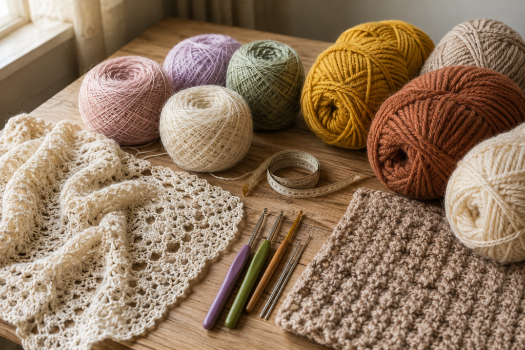 Collection of colorful handmade crochet shawls in different styles
