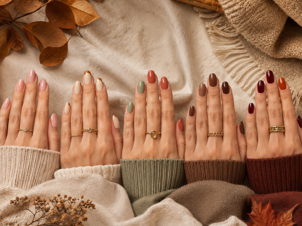 Nail colors transitioning from soft September shades to deeper October fall colors