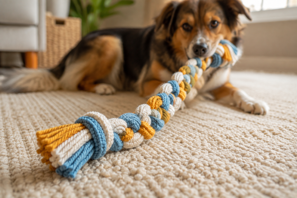 Braided handmade crochet tug toy for dogs