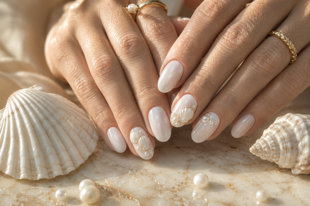 Milky white pearl and seashell beach nails