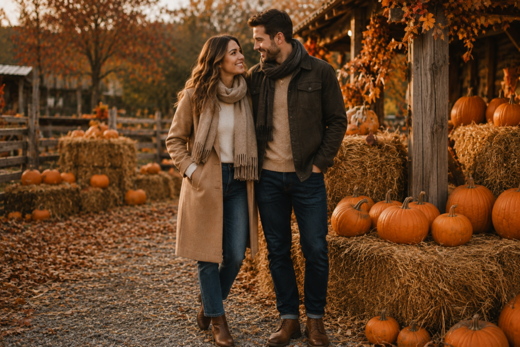 Couple wearing layered fall outfits for a pumpkin patch date