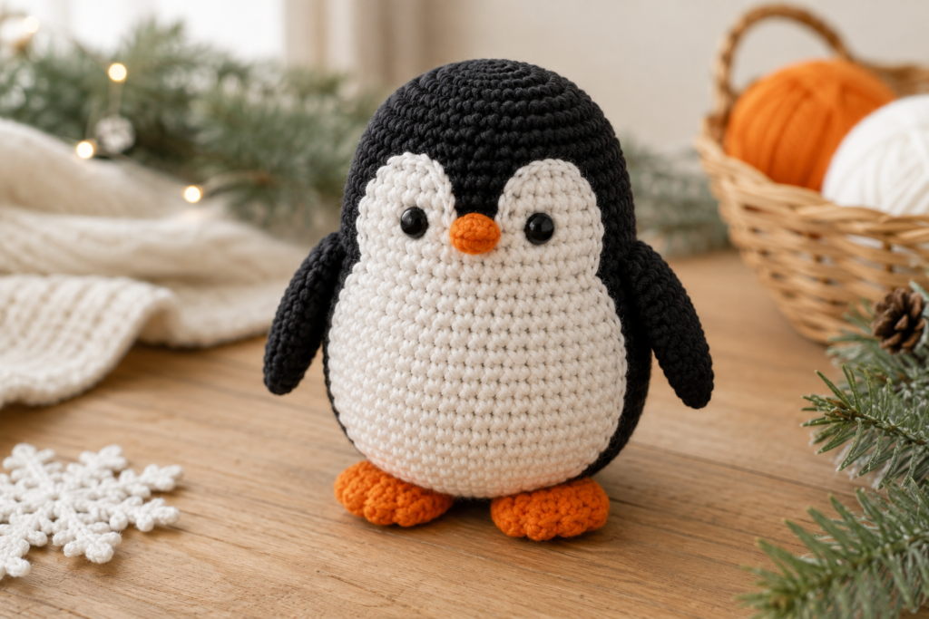 Finished handmade crochet penguin amigurumi