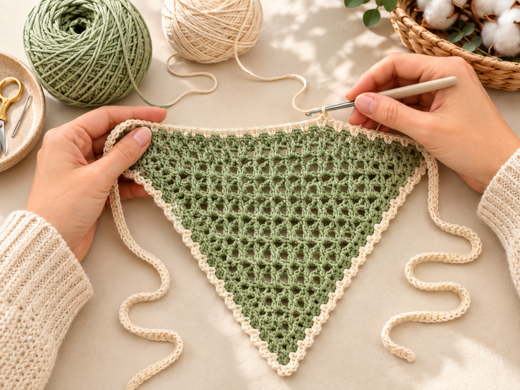 Adding a cream crochet border and ties to a green triangular bandana