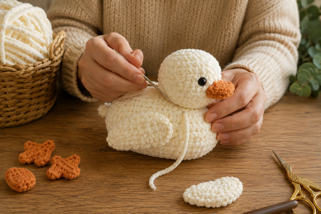 Sewing the head and wings onto a crochet duck amigurumi