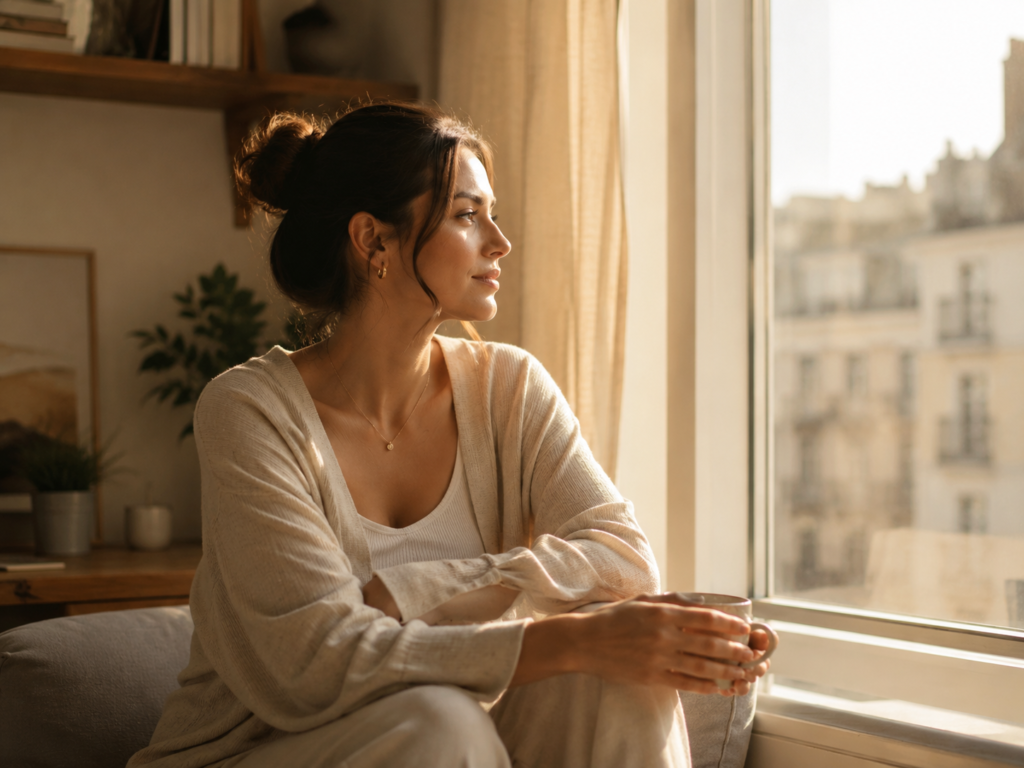Confident woman reflecting calmly during a difficult moment