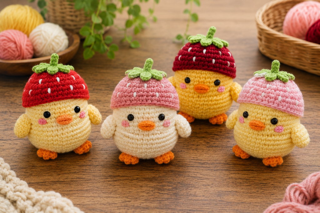 Cute crochet duck variations with different strawberry hat colors