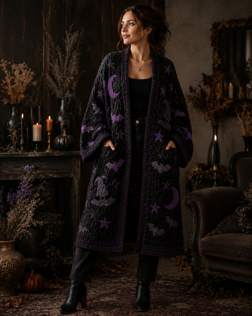 Black and plum witchy crochet Halloween cardigan with moons and bats