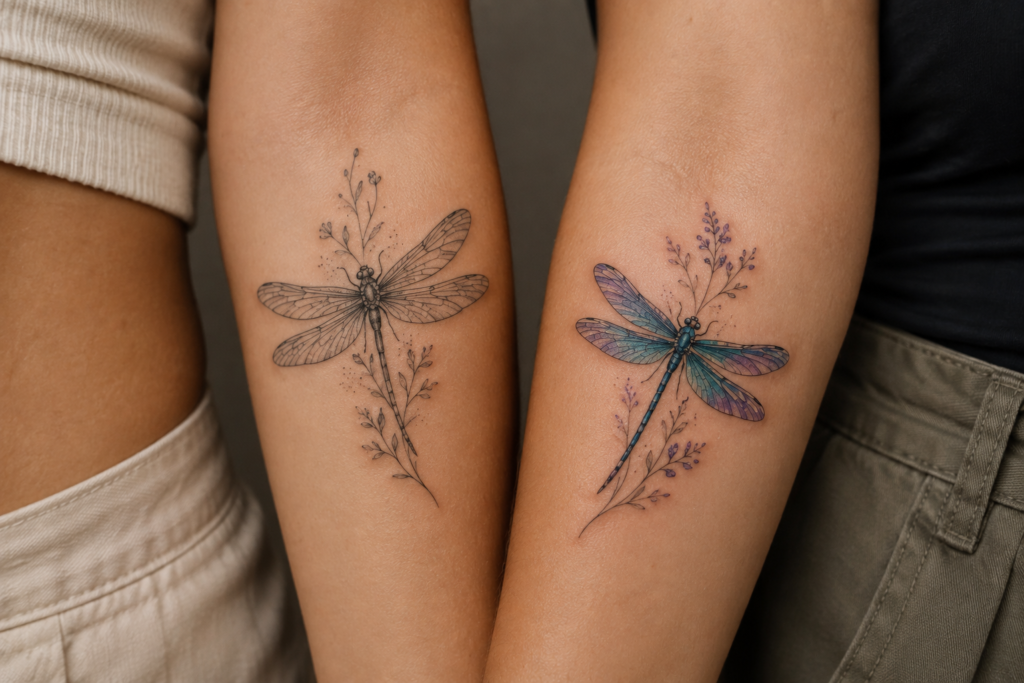 Comparison of colorful and black-and-gray dragonfly tattoo styles
