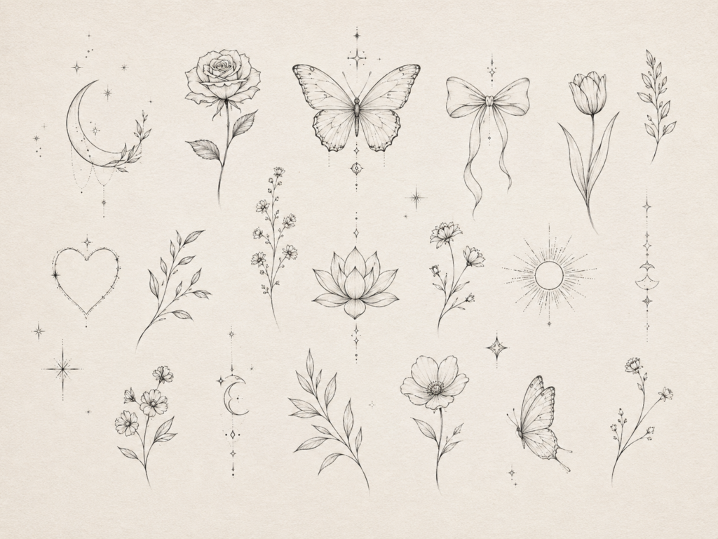 Delicate floral tattoo ideas including roses, tulips, lavender and wildflowers