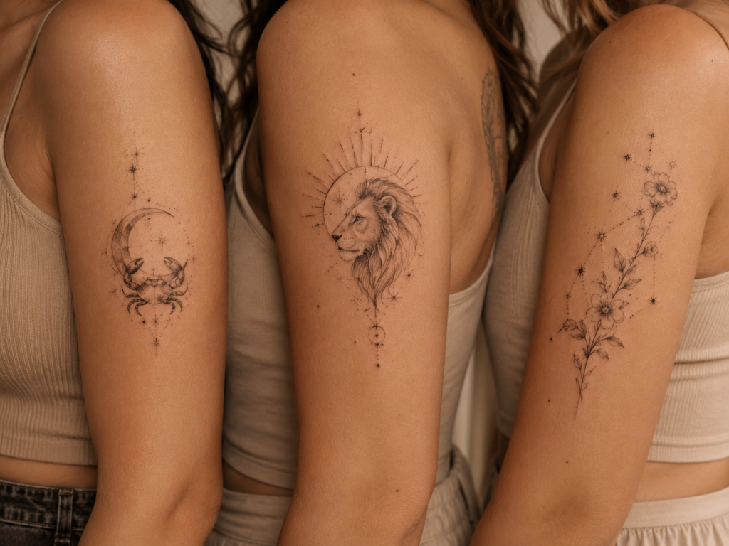 Cancer Leo and Virgo zodiac tattoo inspiration with moon, lion and botanical designs
