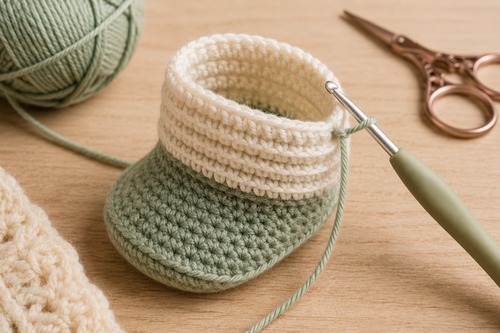 Ribbed cuff being crocheted on a handmade baby bootie