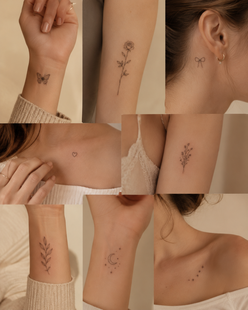 Feminine minimalist tattoo ideas with delicate flowers, butterflies and botanical designs