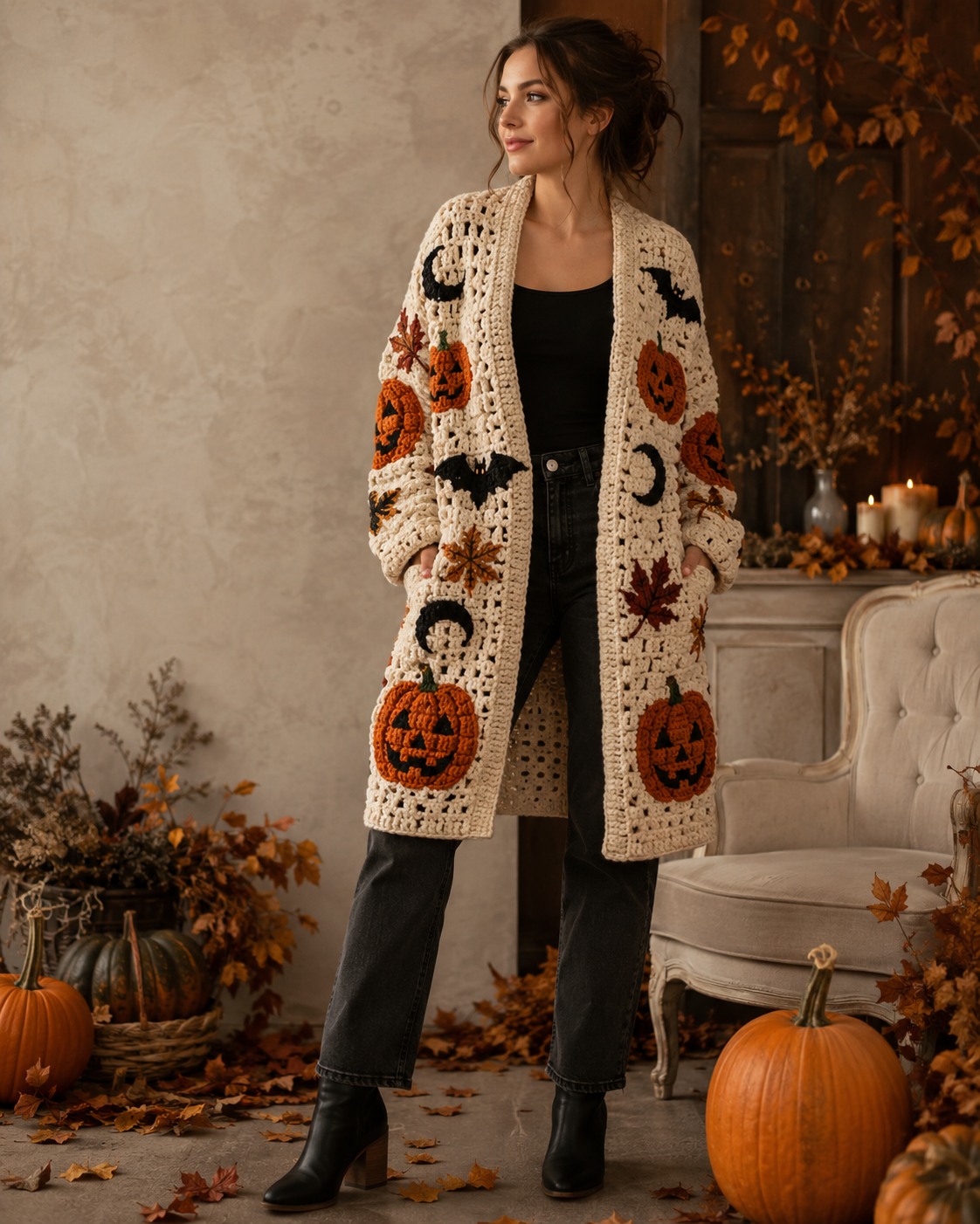 Black and orange crochet Halloween cardigan with pumpkins and bats for fall