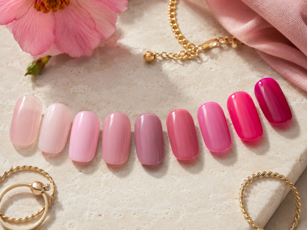 Pink nail color palette featuring blush, baby pink, dusty rose, mauve and hot pink