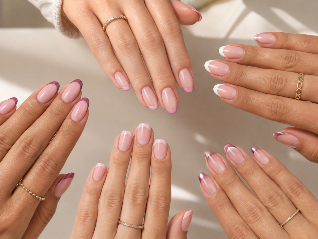Pink French tip nails with milky, blush and nude bases