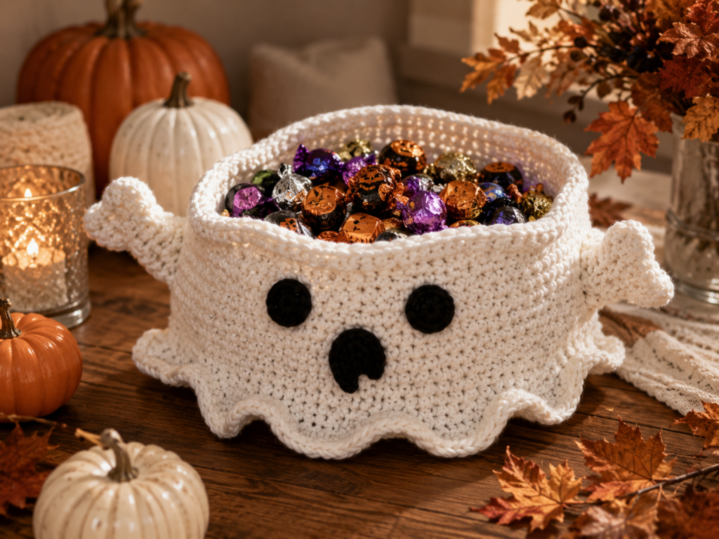 Cozy handmade ghost crochet pillow for Halloween decor