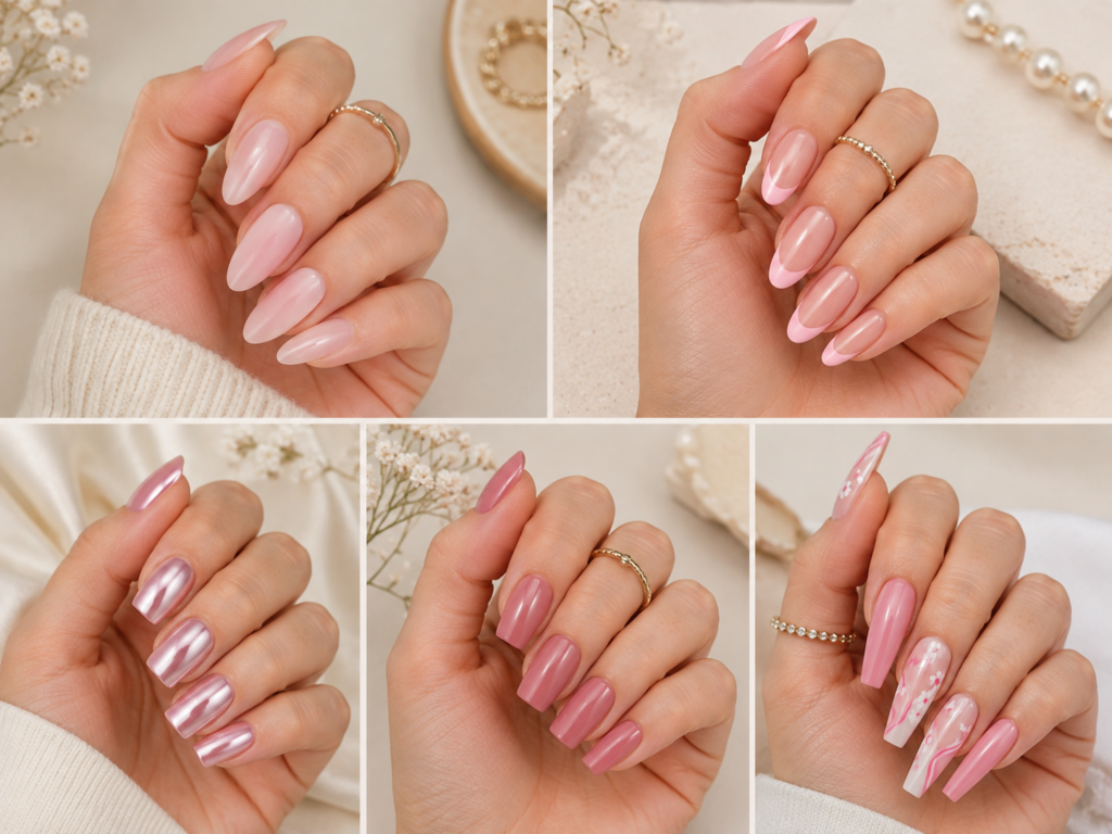 Pink nail designs for almond, oval, square, squoval and coffin nail shapes