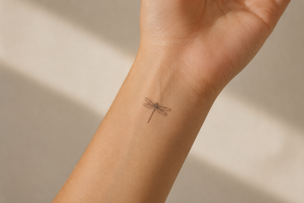 Small minimalist dragonfly tattoo in delicate fine-line style