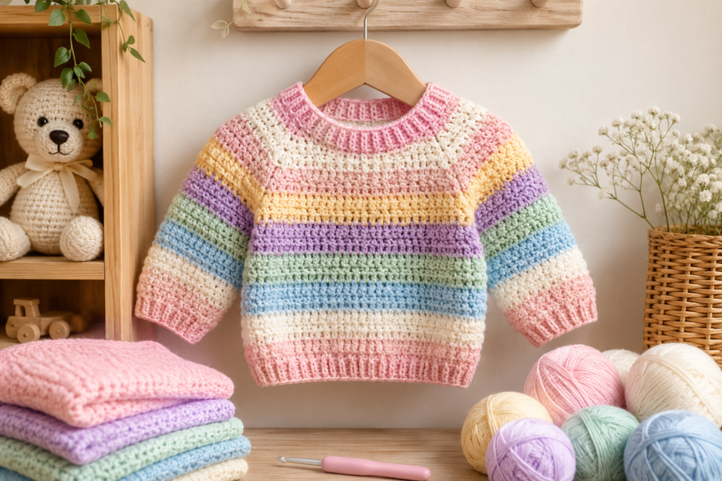 Colorful striped crochet baby sweater in pastel colors