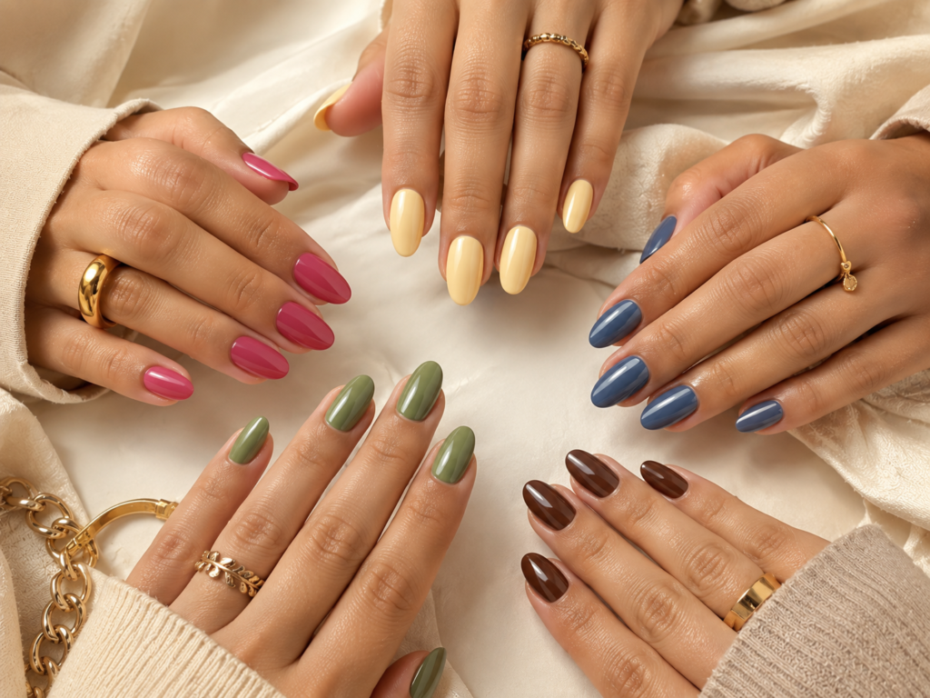 Summer-to-fall nail colors featuring butter yellow, raspberry, olive and chocolate brown
