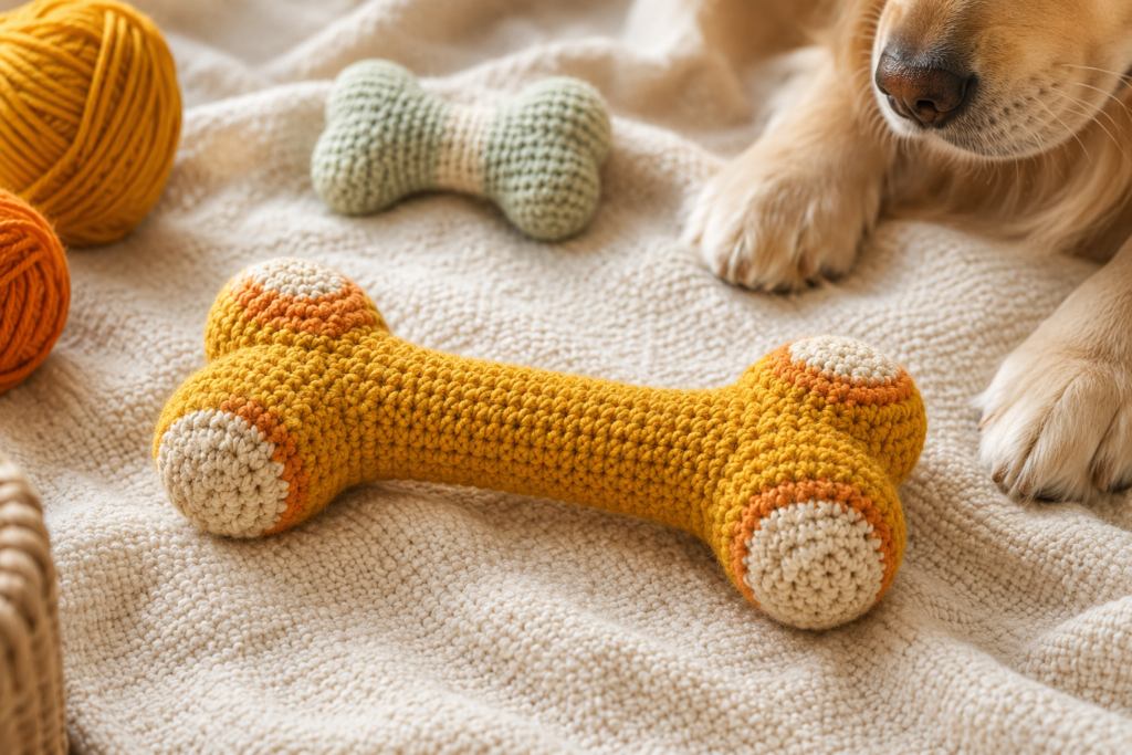 Colorful handmade crochet bone toy for dogs