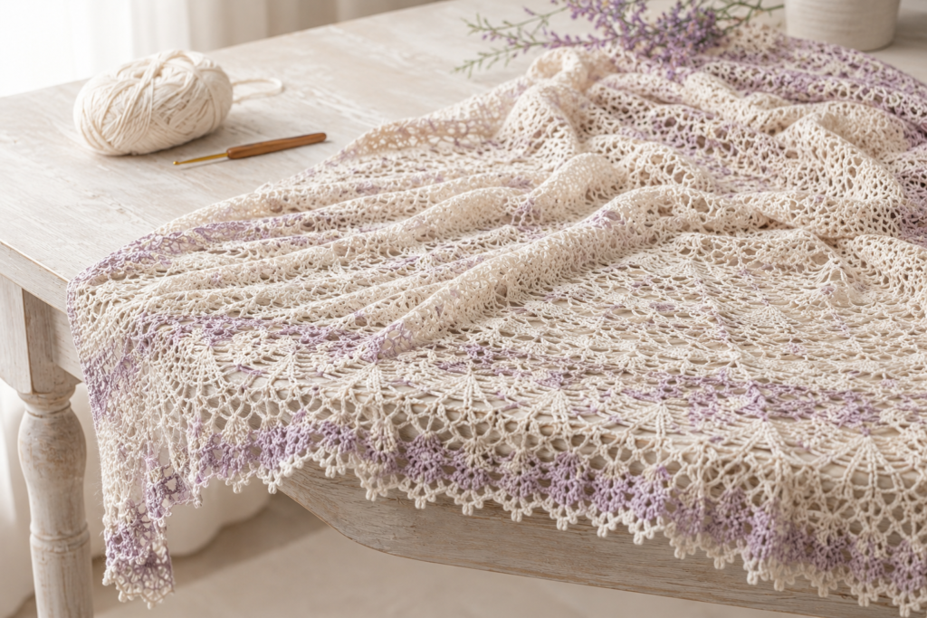 Delicate lightweight crochet lace shawl with an open stitch pattern