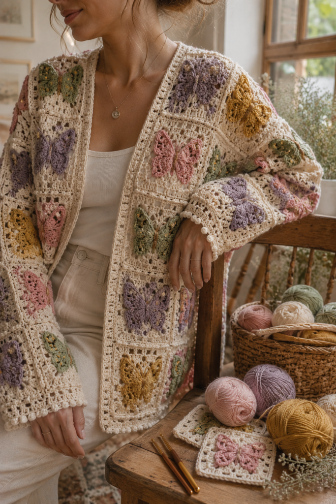 Granny square crochet butterfly cardigan with colorful motifs