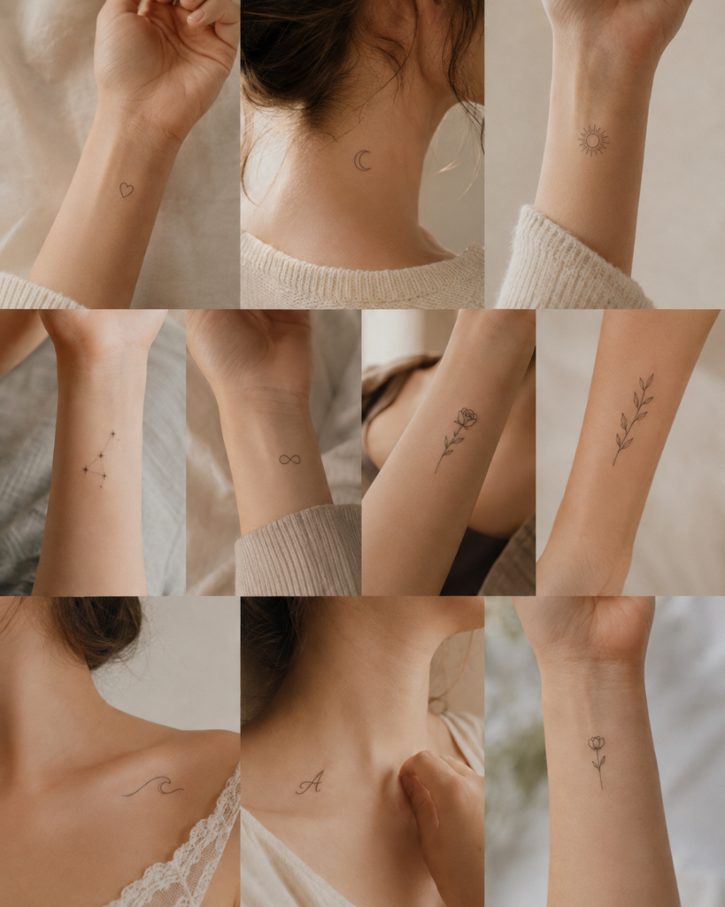 Meaningful minimalist tattoo ideas featuring hearts, stars, moons and botanical symbols
