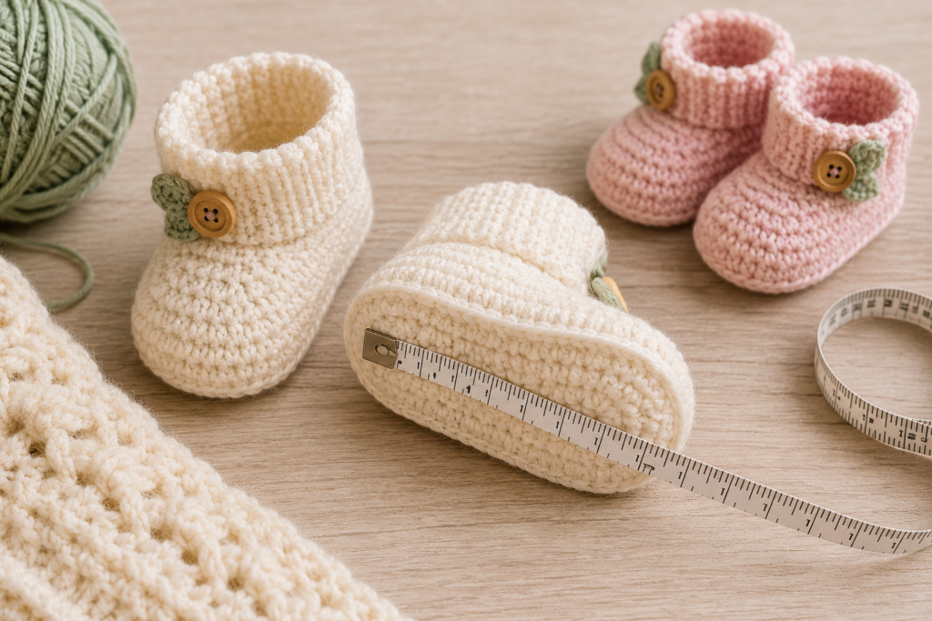 Crochet baby booties measured for newborn and 0 to 3 month sizing