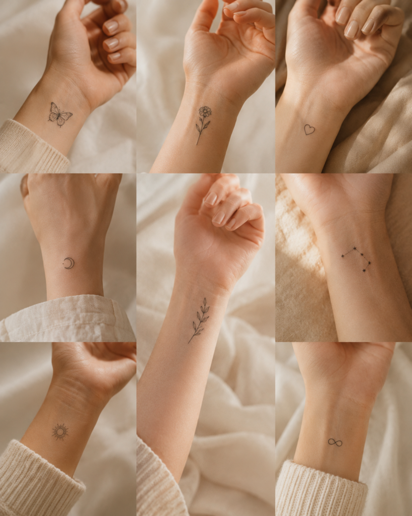 Minimalist wrist tattoo ideas featuring tiny delicate designs