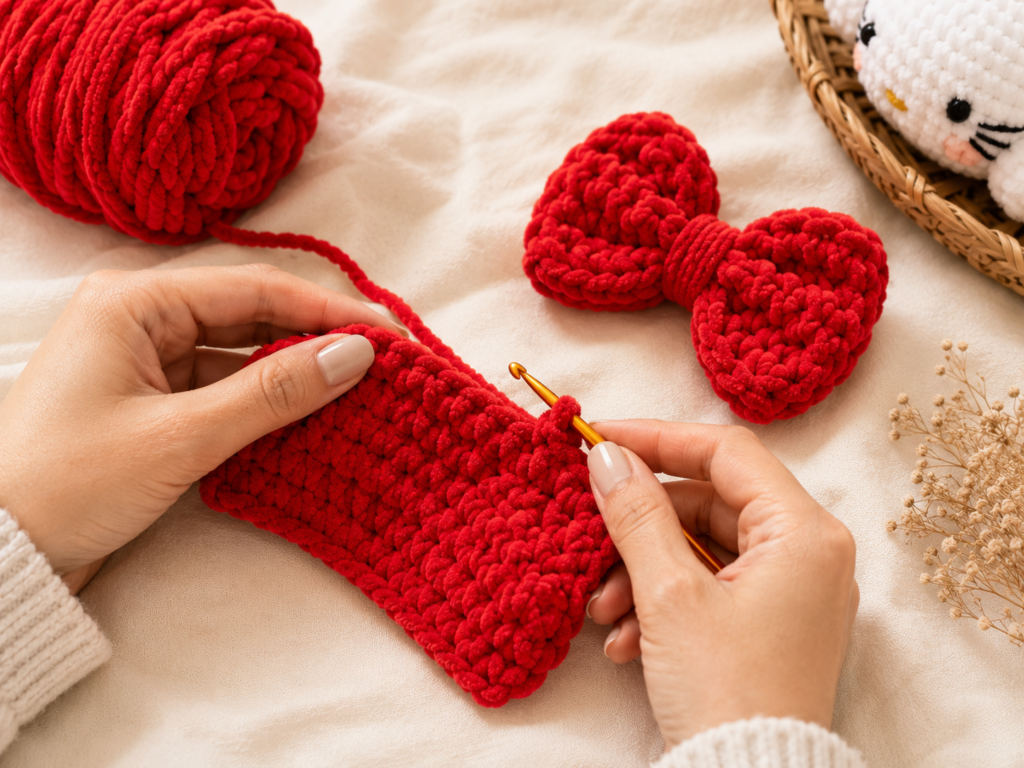 Red crochet bow being made for a handmade kitty plush
