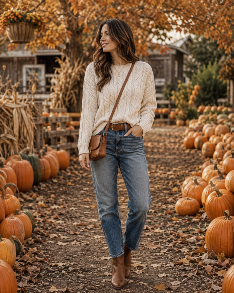 Classic fall pumpkin patch outfit with cream sweater, jeans and ankle boots