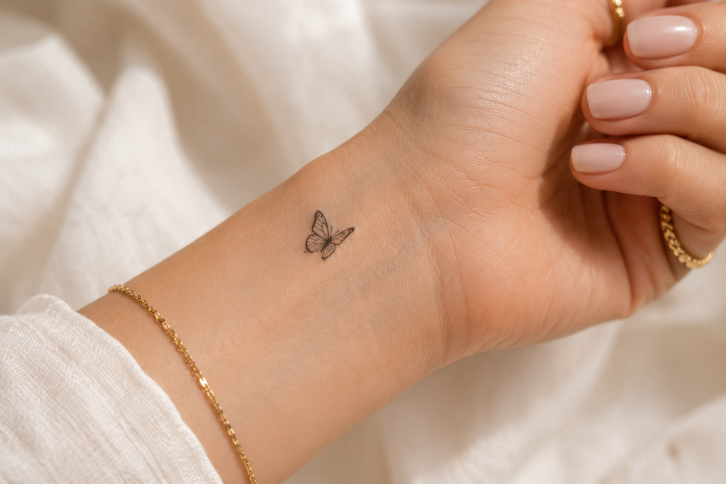Small minimalist butterfly wrist tattoo for women