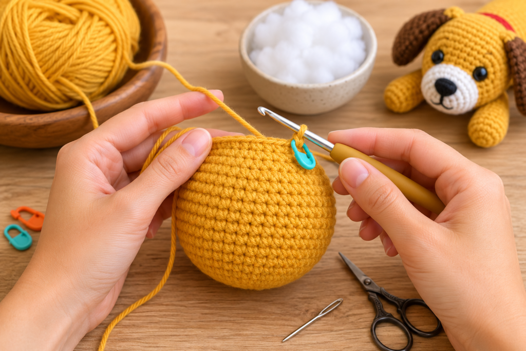 Yellow handmade crochet dog ball beside a cozy dog blanket