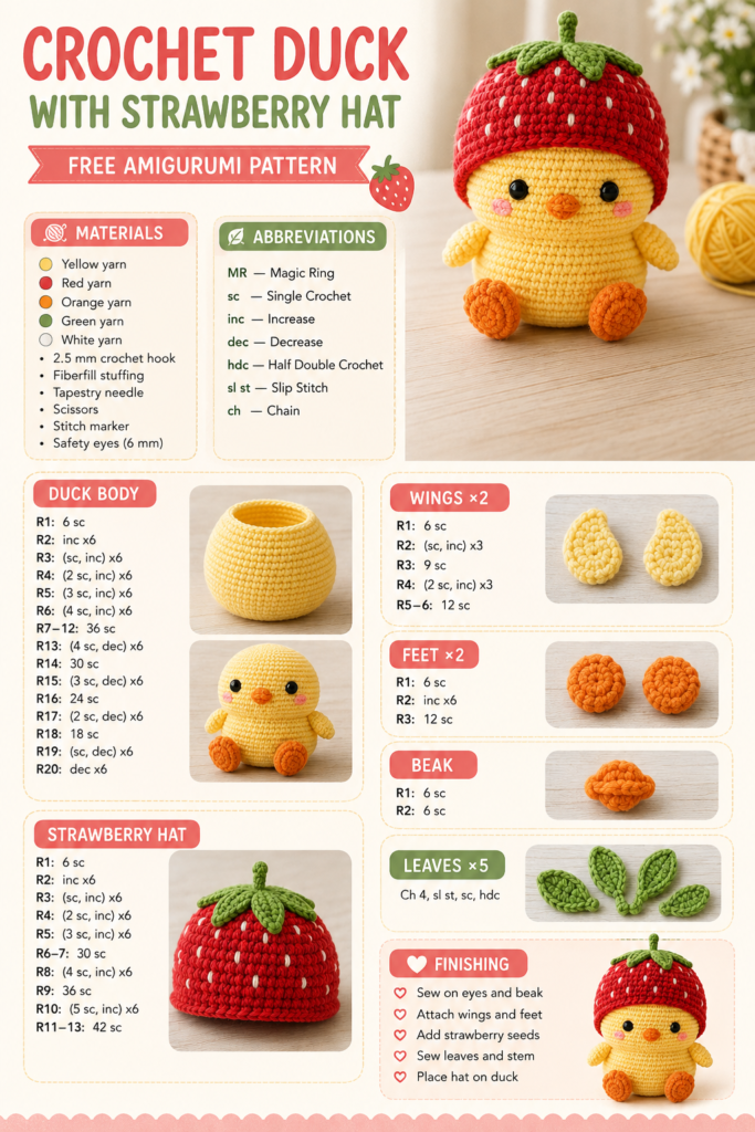 Visual crochet duck pattern with body, wings, feet, beak and strawberry hat instructions