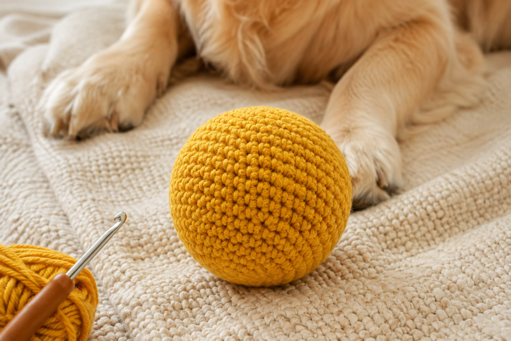 Crochet dog ball being worked in rounds with a crochet hook