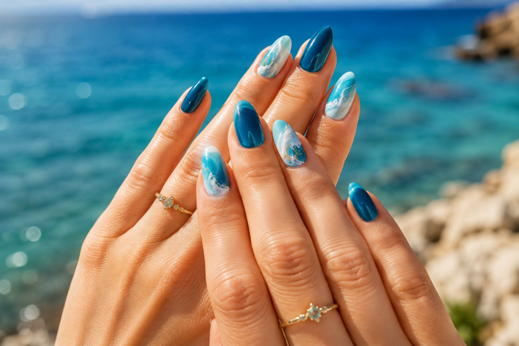 Ocean blue and turquoise wave beach nails