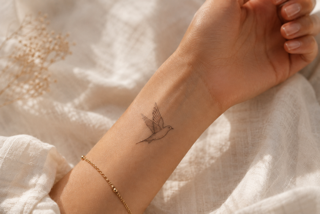 Fine-line bird tattoo on a woman's forearm