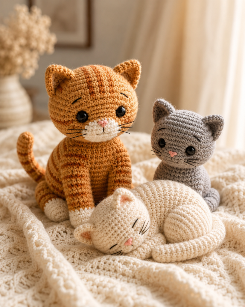 Classic and sleeping crochet cats made with yarn